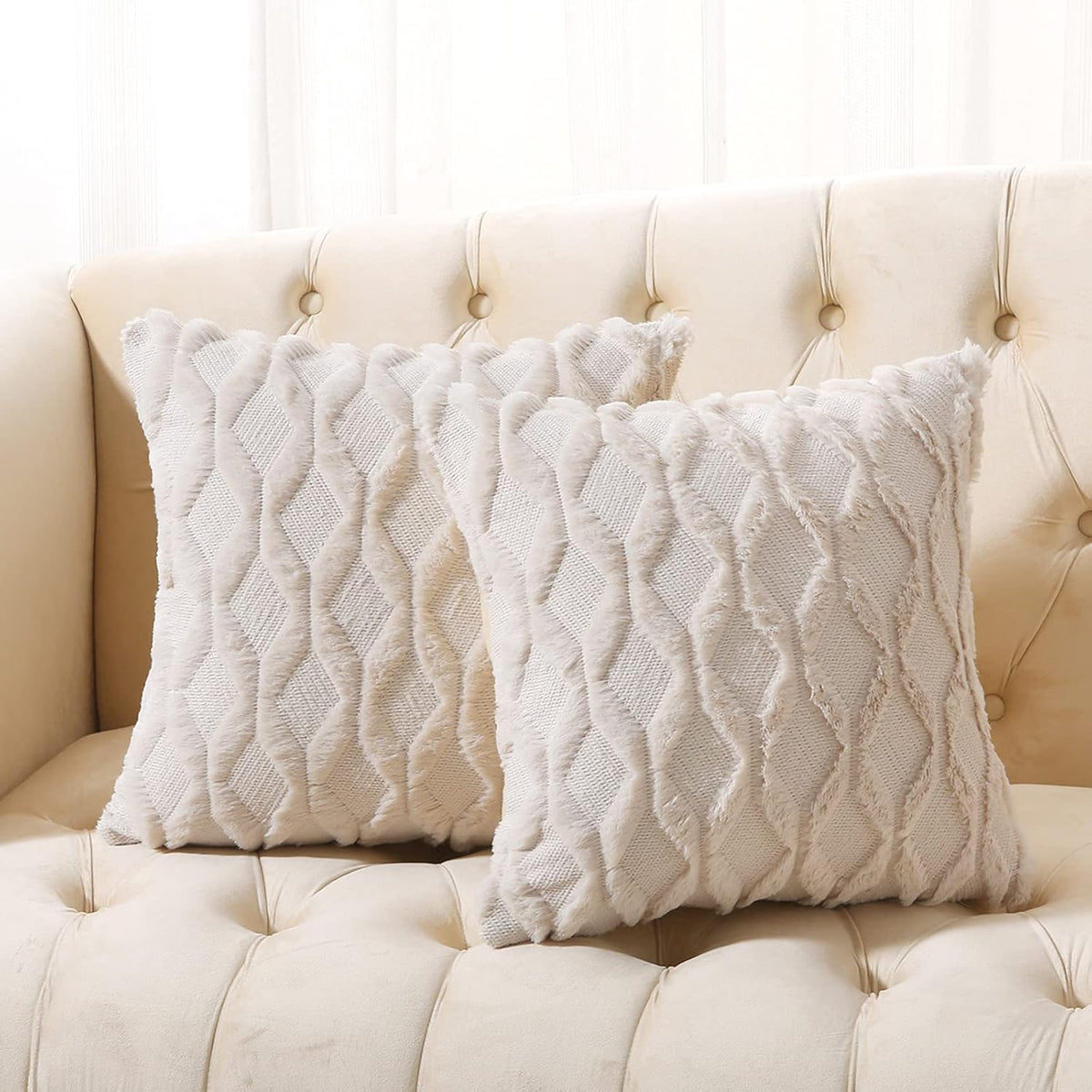 Fall Faux Wool Beige Boho Throw Pillow Covers 20X20 in Set of 2