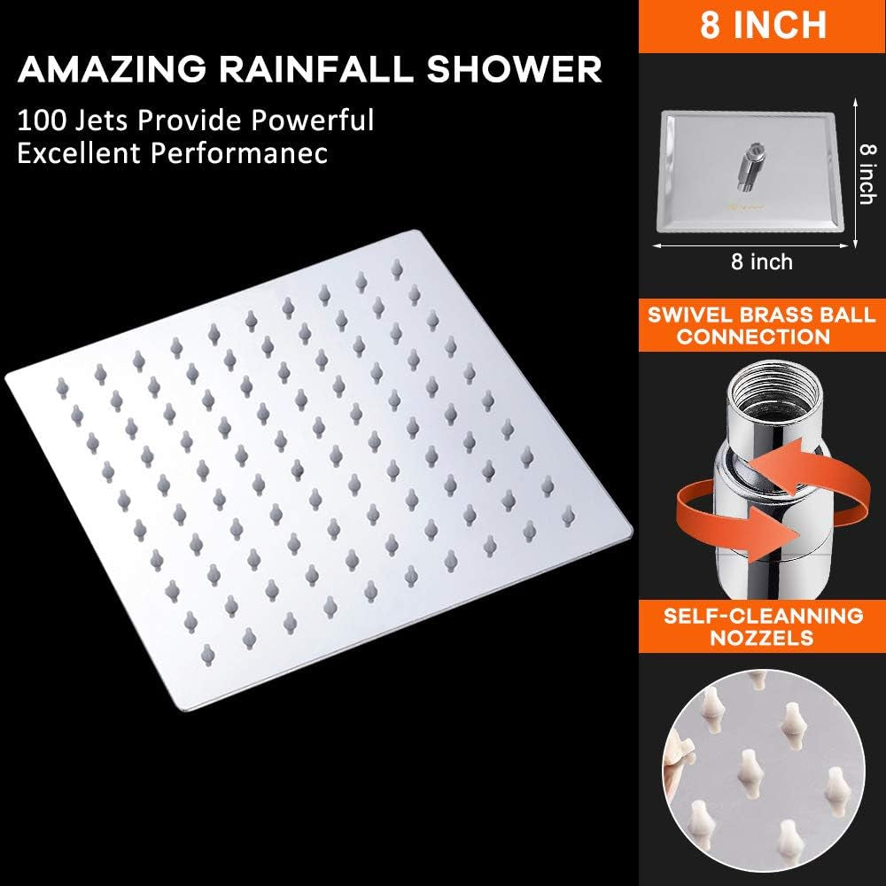 8" Square Rainfall Shower Head – High Pressure, Stainless Steel